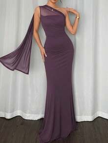 Vestido maxi ajustado de estilo elegante y romántico, con cuello asimétrico, adecuado para fiestas, vacaciones en la playa, vuelta al colegio, citas románticas, temporada de bodas, cumpleaños, Pascua, primavera/verano - Púrpura polvoriento - Ver 2
