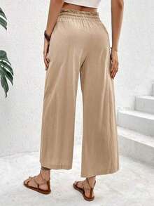 Pantalones casuales de mujer con cintura con cordón a cuadros - Albaricoque - Ver 2