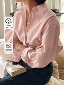 Camisa holgada de mujer de unicolor, de manga larga y de abotonadura sencilla - Rosa vieja - Ver 1