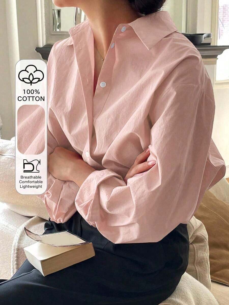 Camisa holgada de mujer de unicolor, de manga larga y de abotonadura sencilla - Rosa vieja - Ver 1