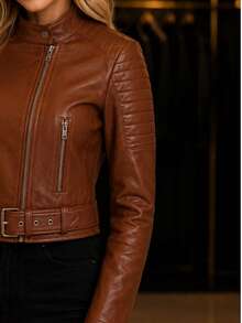 Women's Leather Jacket With Belt - 鏽棕色 - 查看 4