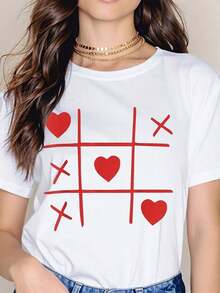White T-Shirt With Red Hearts And XS Tic Tac Toe Design, Casual Top For Women, Valentine's Day Gift, Wearable Art, Fashion Statement, Round Neck, Short Sleeve, Soft And Comfortable Cotton Clothing For Everyday Style. - 白色 - 查看 7