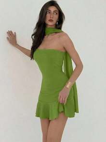 Vestido mini de mujer de unicolor con diseño de cinta y cuello halter - Verde - Ver 5