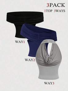 Set de 3 camisetas de tirantes plisadas de unicolor, versátiles y elegantes para el verano - Gris - Ver 2