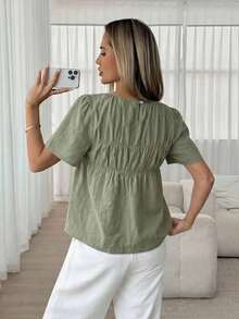 Camisa casual de mujer de unicolor, cuello redondo, manga corta y plisada - Verde - Ver 2