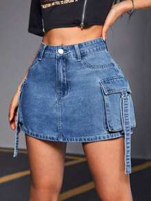 Falda de mezclilla de unicolor de moda para mujer - Azul lavado oscuro - Ver 6