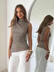 Camiseta ajustada con pliegues y estampado a cuadros para mujer, adecuada para uso diario, trabajo y viajes en verano - Multicolor - Ver 4