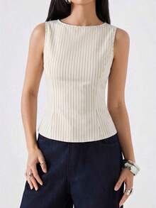 2026 Nueva Camiseta de Tirantes Ajustada de Cuello Redondo a Rayas de Color Albaricoque Minimalista, Adecuada para Trabajo/Casual de Negocios/Oficina, Top de Moda para Mujer - Albaricoque - Ver 3
