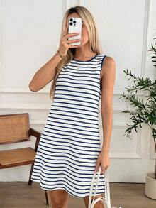 Vestido corto holgado de verano para mujer con estampado de bloques de color y rayas, ideal para vacaciones y uso diario - Multicolor 2 - Ver 8