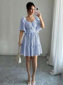 Elenzya Vestido de primavera y verano de talla media con rayas azules y blancas, manga corta, elegante y casual, con cintura ajustada para mujeres - Azul y blanco - Ver 6