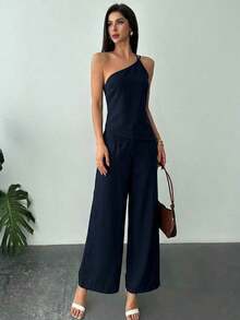 Nuevo conjunto de verano elegante de vacaciones de 2 piezas de lino, con top de cintura fruncida y espalda descubierta de dobladillo asimétrico en color albaricoque y pantalón largo de cintura alta - Azul marino - Ver 6