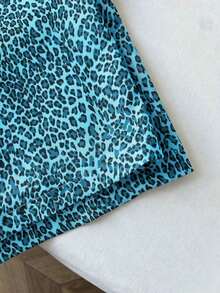 Pantalones anchos de pierna negros con diseño de estampado de leopardo retro elegante, pantalones rectos con cintura elástica con cordón, uso casual, vuelta al colegio - Celeste - Ver 4
