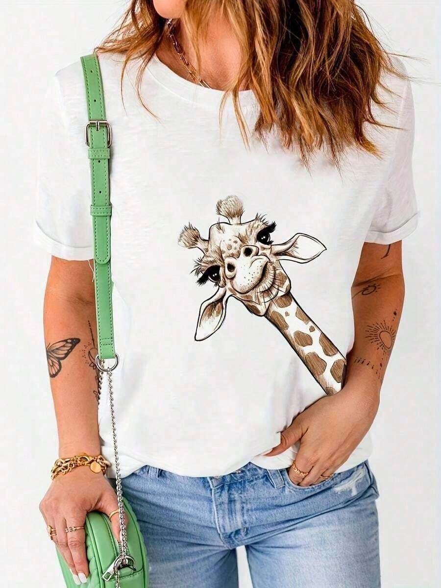 Camisetas De Calor Para Mujer1 PcsCamiseta Con Estampado De Jirafa Para Mujer - Manga Corta, Cuello Redondo, Ligera, Casual Para Verano Con DiseñO De Dibujos Animados JuguetóN, Blanco Con GráFico De Jirafa Negra, Tejido Suave Y CóModo.180G 100% Cotton - Blanco - Ver 1