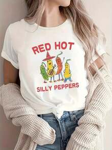 Hot Pepper Print T-Shirt - Women's Short-Sleeved, Round-Neck Red T-Shirt With A Hot Pepper Print, Made Of Lightweight, Casual Fabric, Machine Washable, Suitable For Casual Summer And Spring Outfits And For Wearing With Hot Pepper Themes - 白色 - 查看 1