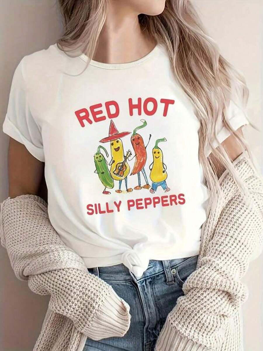 Hot Pepper Print T-Shirt - Women's Short-Sleeved, Round-Neck Red T-Shirt With A Hot Pepper Print, Made Of Lightweight, Casual Fabric, Machine Washable, Suitable For Casual Summer And Spring Outfits And For Wearing With Hot Pepper Themes - 白色 - 查看 1