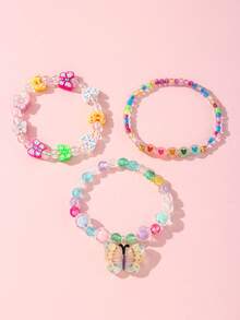 3pcs/Set Girls Cute Butterfly, Heart Glass Beaded Bracelet Jewelry Set, Suitable For Festivals, Parties, School, Daily Wear, Colorful Beads Random - Multicolor - View 6