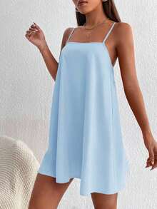 Vestido minifalda camiseta de unicolor minimalista y casual sin espalda - Celeste - Ver 4