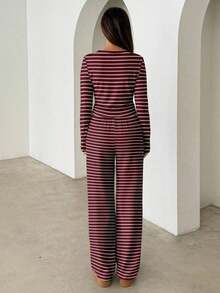 Conjunto de pijama informal para mujer de , incluye camiseta de manga larga con cuello redondo a rayas y pantalones rectos a rayas, adecuado para uso diario, deportes, otoño/invierno, ropa para el regreso a clases, conjunto de dos piezas a rayas marrones, para uso diario, oficina, salidas. - Multicolor 2 - Ver 3