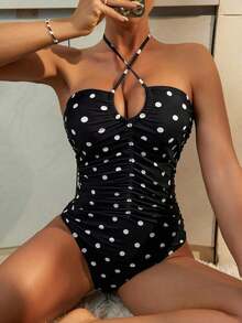 Traje de baño de una pieza con volantes y lunares negros para mujer, ideal para vacaciones en la playa, de la marca Swim Chiccia, sexy y con lazo. - Negro - Ver 3