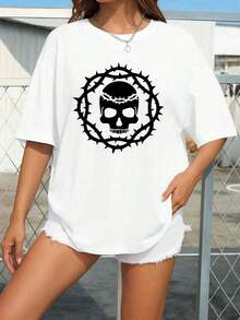 1 Paquete de Vestido Tipo Jersey Oversize para Mujer, Blanco, 180 g/m², con Estampado de Arte Folclórico Mexicano del Día de los Muertos (Día De Los Muertos) Boo y Calaveras - Talla Grande 5, Manga Corta, Cuello Redondo, Disfraz de Fiesta de Halloween, Playeras de mujer - Blanco - Ver 1