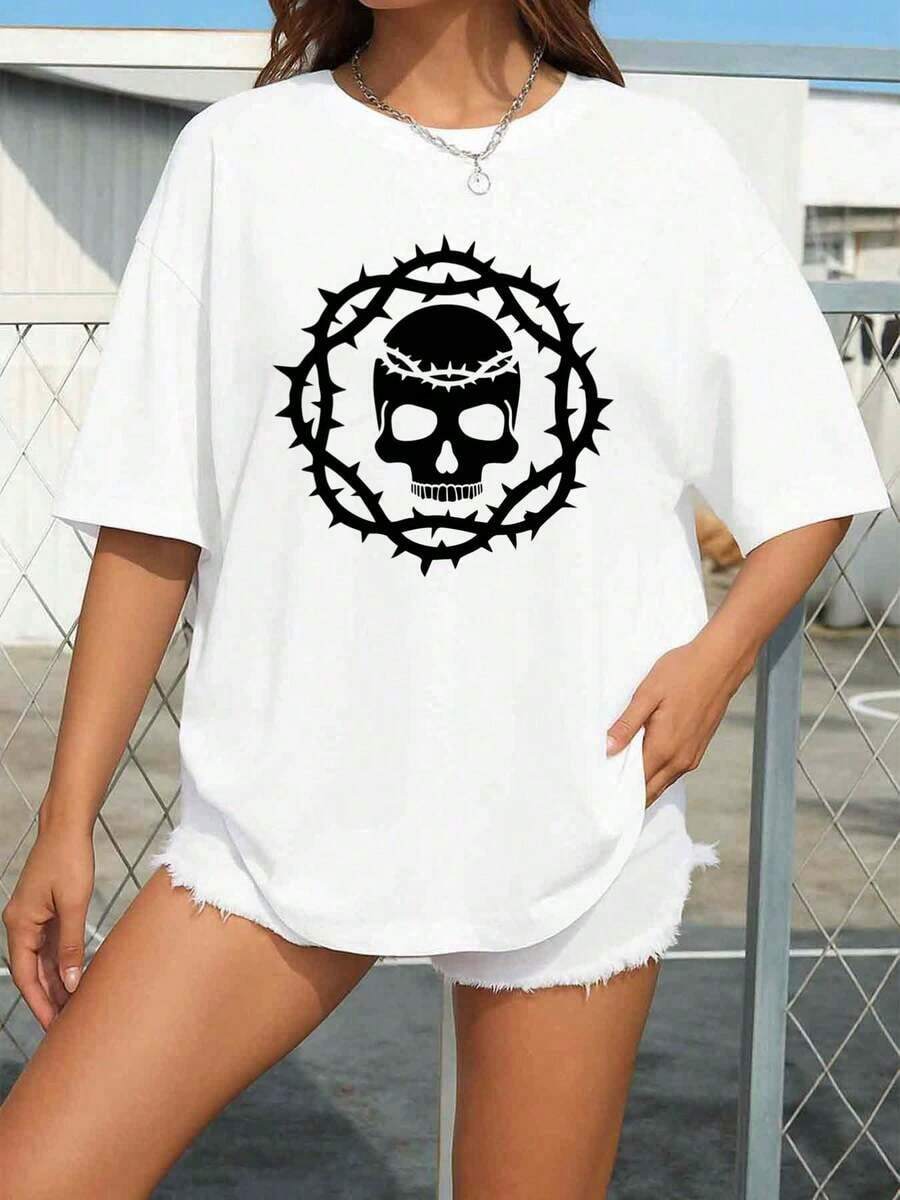 1 Paquete de Vestido Tipo Jersey Oversize para Mujer, Blanco, 180 g/m², con Estampado de Arte Folclórico Mexicano del Día de los Muertos (Día De Los Muertos) Boo y Calaveras - Talla Grande 5, Manga Corta, Cuello Redondo, Disfraz de Fiesta de Halloween, Playeras de mujer - Blanco - Ver 1