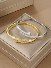 2 piezas Brazalete de mujer de material de cobre con rhinestones, accesorio versátil y de moda para el transporte, brazalete con rhinestones dorados y plateados - Multicolor - Ver 4
