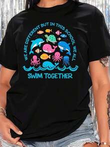 Camiseta casual de cuello redondo para mujer con estampado de criaturas marinas de dibujos animados, 100% algodón, tejido de punto, longitud regular, top de moda para todas las estaciones.Suitable for spring, summer and autumneurmuse - Negro - Ver 7