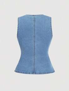 Blusa de mezclilla sin mangas con botones delanteros, estilo casual para mujer - Lavado ligero - Ver 2