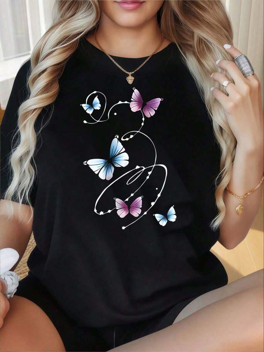 Women's Short-Sleeved T-Shirt With A Round Neck, Fun Butterfly Print, Loose Fit, Casual Graphic Tee, Black. Suitable For Valentine's Day, Christmas, Parties, Sports Activities, Holidays, Outings, And Other Festive Gifts (220g). Leisure - 黑色 - 查看 1