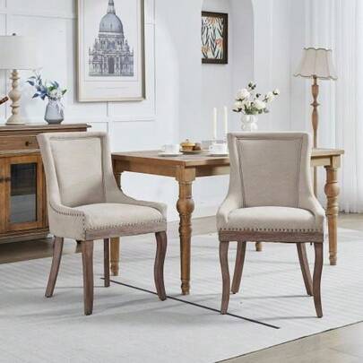 A&A Furniture,Ultra Side Dining Chair,Thickened Fabric Chairs With Neutrally Toned Solid Wood Legs,Bronze Nail Head,Set Of 2,Beige,DE1807BG
