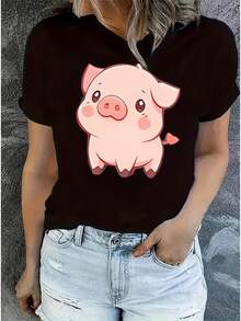 Camiseta de manga corta para mujer, moda casual, cuello redondo, con estampado creativo y lindo de cerdos, top deportivo sencillo, cómodo, tejido de punto, 180G_Metros Cuadrados, cuello redondo elástico medio, ideal para holgarse - Blanco - Ver 6