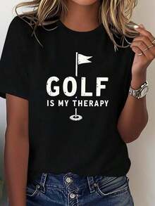 Minimalist Modern Short-Sleeve T-Shirt - Plus Size - Exclusive Clothing Set For Enthusiasts: A Stylish And Casual Crew Neck T-Shirt For Plus-Size Women, Featuring A 'ISMYTHERAPY' Print And Perforated Flag Elements, Perfect For Spring And Summer. Women's Casual Shirt 100% Cotton - 黑色 - 查看 6