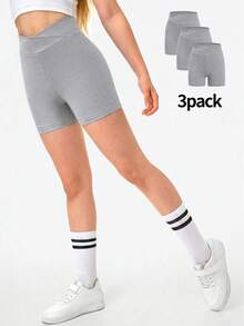 3 piezas Pantalones cortos deportivos casuales de punto de unicolor para niñas (YY783) - Gris - Ver 3