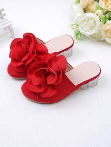 1 Pair Children's Fashionable Red Slide Sandals, Girls' High Heel Thick Heel Slide Sandals, Red Upper With Red Large Flower Decor, Fresh And Versatile Princess Style, Suitable For Summer Outings, Banquets, Parties, Weddings, Vacations - Red - View 8