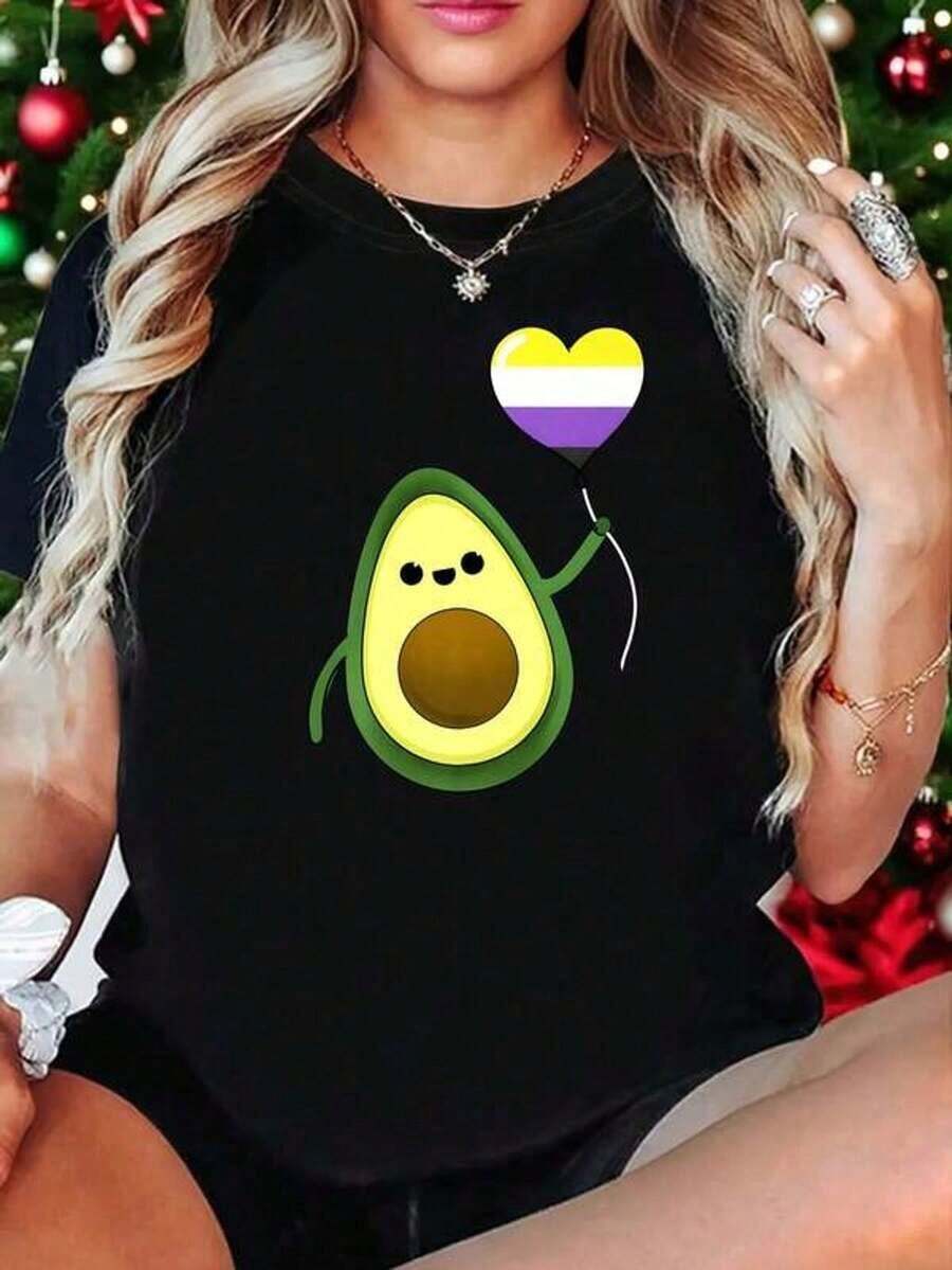 playeras de algodón mujer 1pscCamiseta de mujer talla con estampado de aguacate y globo con orgullo no binario, de manga corta, gráfico divertido,% poliéster, cuello redondo, informal, 220g100%cotton ropa de mujer  Daily home top - Negro - Ver 1