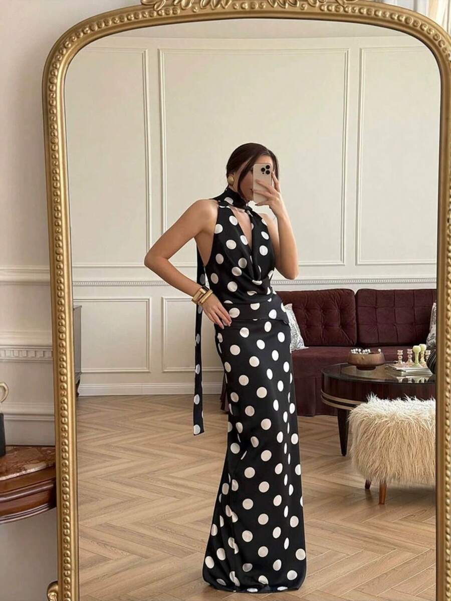 New Arrival Women's Summer Two-Piece Set, Sleeveless V-Neck + Midi Skirt With Polka Dot Print In Various Colors, Elegant And Modern Euro-American Style. - 黑色 - 查看 1