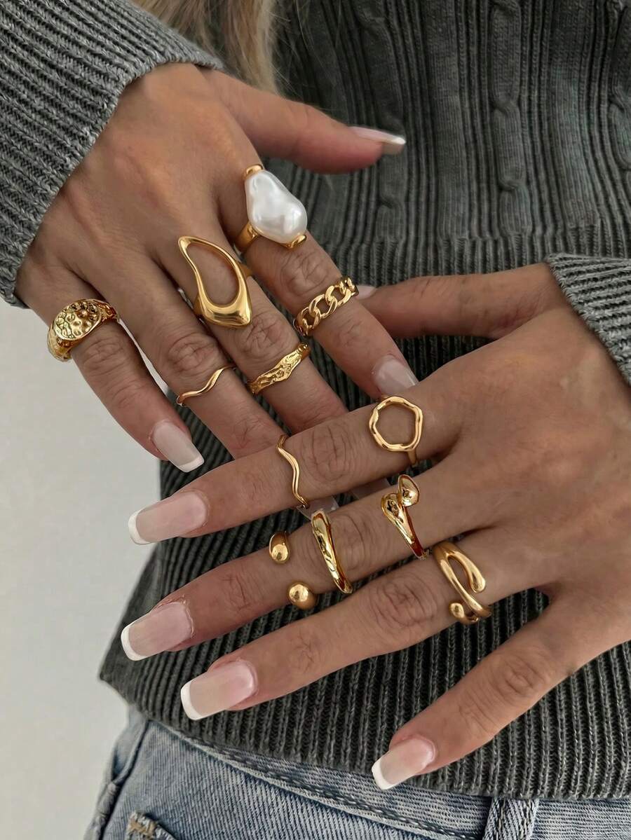 Bộ 12 chiếc nhẫn kim loại trơn không đối xứng, nhẫn đeo đốt ngón tay đính ngọc trai giả kiểu Baroque, thích hợp cho tiệc tùng, kỳ nghỉ, làm quà tặng và đeo hàng ngày. - Vàng - Xem 1