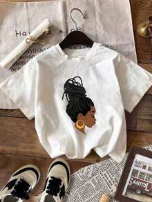Tops para mujer Gráfica de Algodón para Mujer, Manga Corta, Cuello Redondo, Casual y Linda, ágica, Tallas Grandes Disponibles. - Blanco - Ver 5