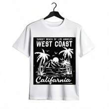 Tops para mujer de algodón de longitud regular, casual y linda para mujer, con diseño de Sunset Beach, Los Ángeles, Oeste de California, cuello redondo y manga corta, para verano. Ropa de verano para mujer, ropa de vacaciones para mujer, tops para mujer, tops y conjuntos de verano, ropa de verano, regalos de cumpleaños, regalos para la Copa Mundial 2026. - Negro - Ver 1