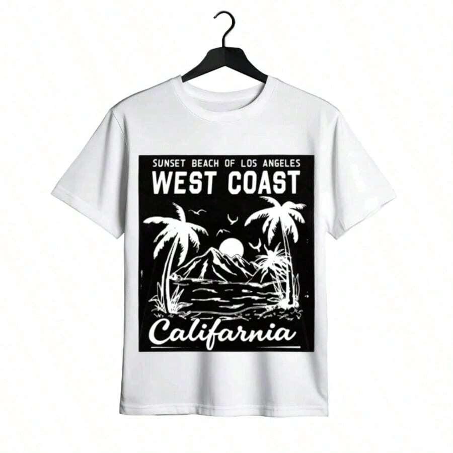 Tops para mujer de algodón de longitud regular, casual y linda para mujer, con diseño de Sunset Beach, Los Ángeles, Oeste de California, cuello redondo y manga corta, para verano. Ropa de verano para mujer, ropa de vacaciones para mujer, tops para mujer, tops y conjuntos de verano, ropa de verano, regalos de cumpleaños, regalos para la Copa Mundial 2026. - Negro - Ver 1