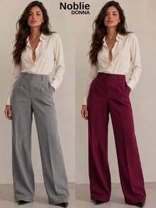 Set Of 2 Tailored Wide Leg High-Waisted Palazzo Pants, Elegant, With Front Button - 1 Navy Blue 1 Wine - View 1
