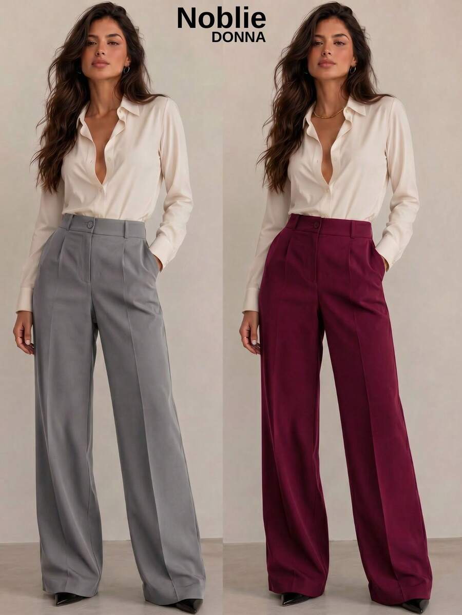 Set Of 2 Tailored Wide Leg High-Waisted Palazzo Pants, Elegant, With Front Button - 1 Navy Blue 1 Wine - View 1