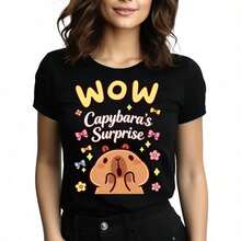 Tops para mujer de algodón de manga corta con cuello redondo y estampado de capibara para mujer, linda y casual, de corte regular. - Negro - Ver 1