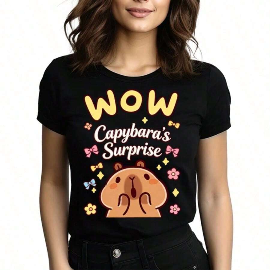 Tops para mujer de algodón de manga corta con cuello redondo y estampado de capibara para mujer, linda y casual, de corte regular. - Negro - Ver 1