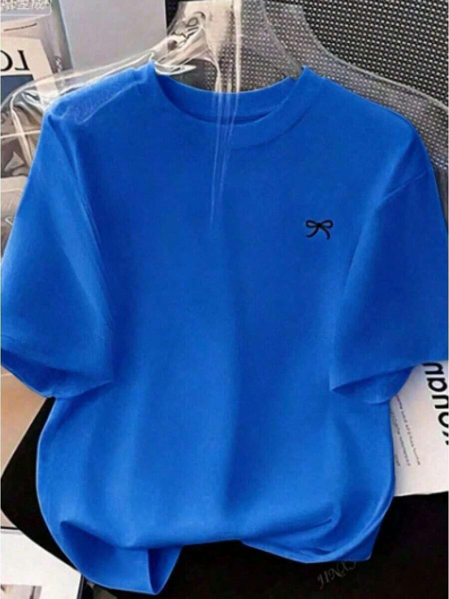 1pc Women's Fashion Loose Fit Short Sleeve T-Shirt With Bow Print And Wide Shoulders, Casual, Black, Summer New Loose And Versatile Top 100% Cotton - 藍色的 - 查看 1