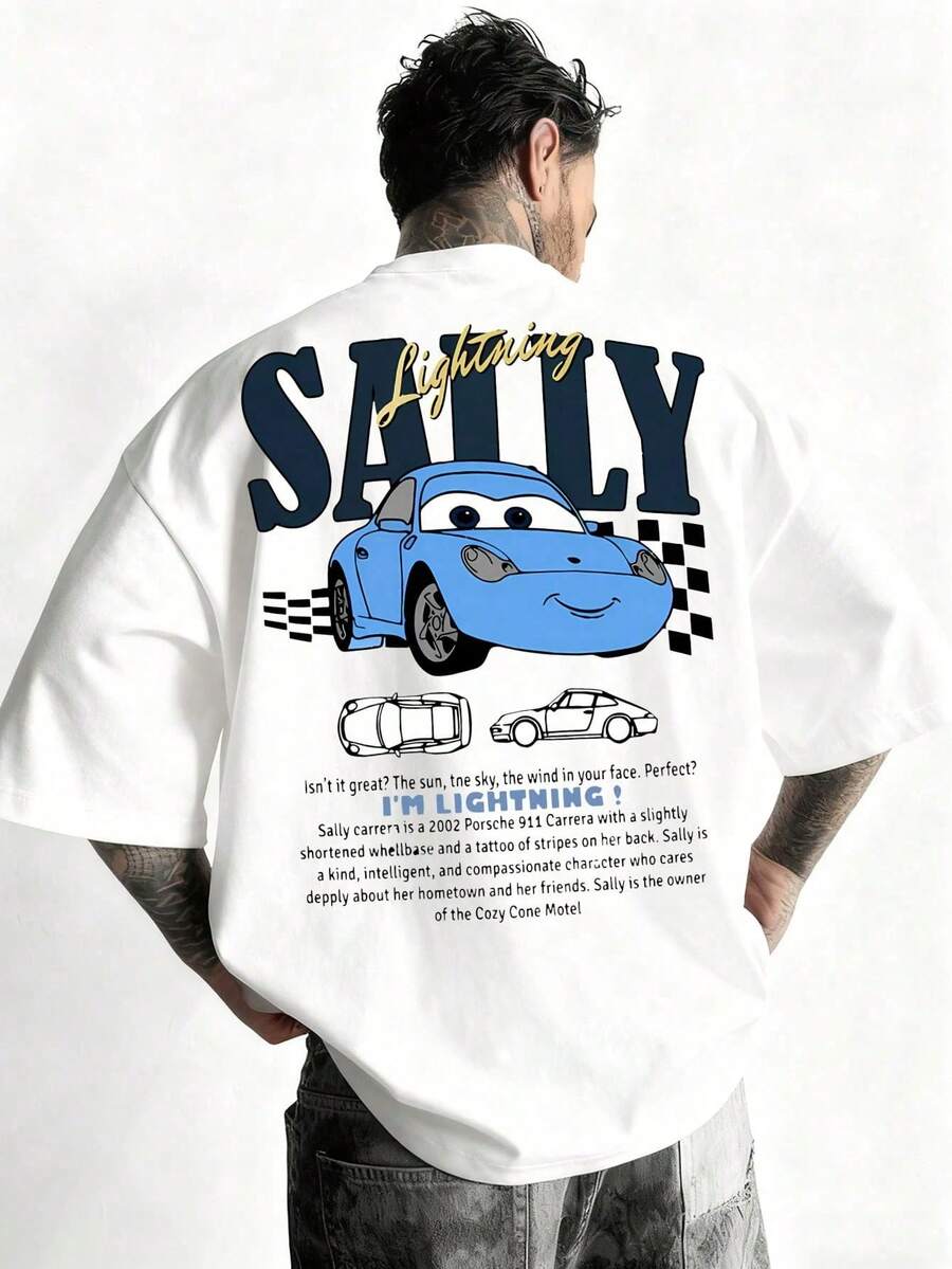 Men's Disney Cars Sally Tee, Vintage Racing Print, Loose Fit, Stylish Casual Top For Men. - 白色 - 查看 1