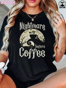 Women's 100% Cotton T-Shirt With 'Nightmare Before Coffee' Print, Funny Gifts, 220g Thick Cotton T-Shirt For Women (1 Piece), Loose Fit, Casual And Versatile T-Shirt, Y2K Style - 黑色 - 查看 1