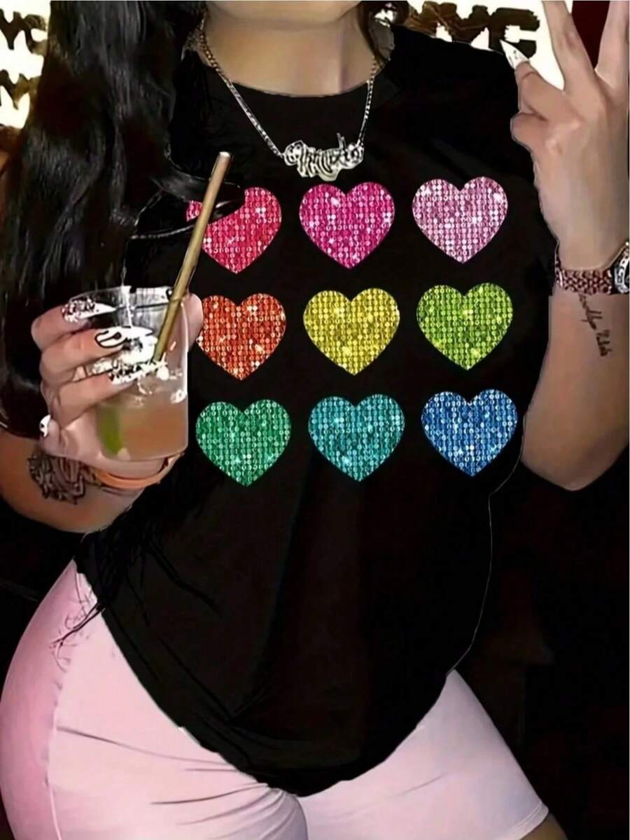 Women's T-Shirt With Multicolored Hearts Print In A Rainbow Style With A Bright Glitter Effect, Eye-Catching And Cheerful Design, HD Heat Transfer Printing, Short-Sleeved Round Neck Casual Summer Top - màu đen - Xem 1