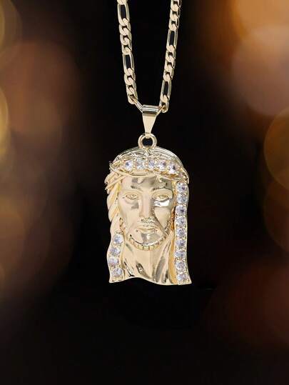 1 chiếc mặt dây chuyền hình đầu Chúa Giê-su mạ vàng 14K kiểu Hip Hop, màu vàng đồng, kèm dây chuyền đính đá cho nam giới, trang sức Cơ đốc giáo.