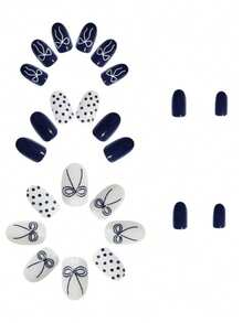 24pcs/Set Medium Oval Press-On Nails, Minimalist Style With Retro Navy Blue Polka Dot Bow Pattern Design, Suitable For Girls And Women To Wear For Daily Dates And Parties - Multicolor - View 3